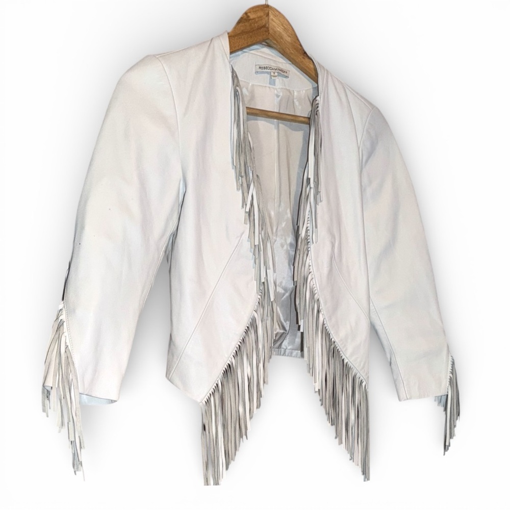 Rebecca Minkoff White Lambskin Leather Fringe Moto Jacket Small